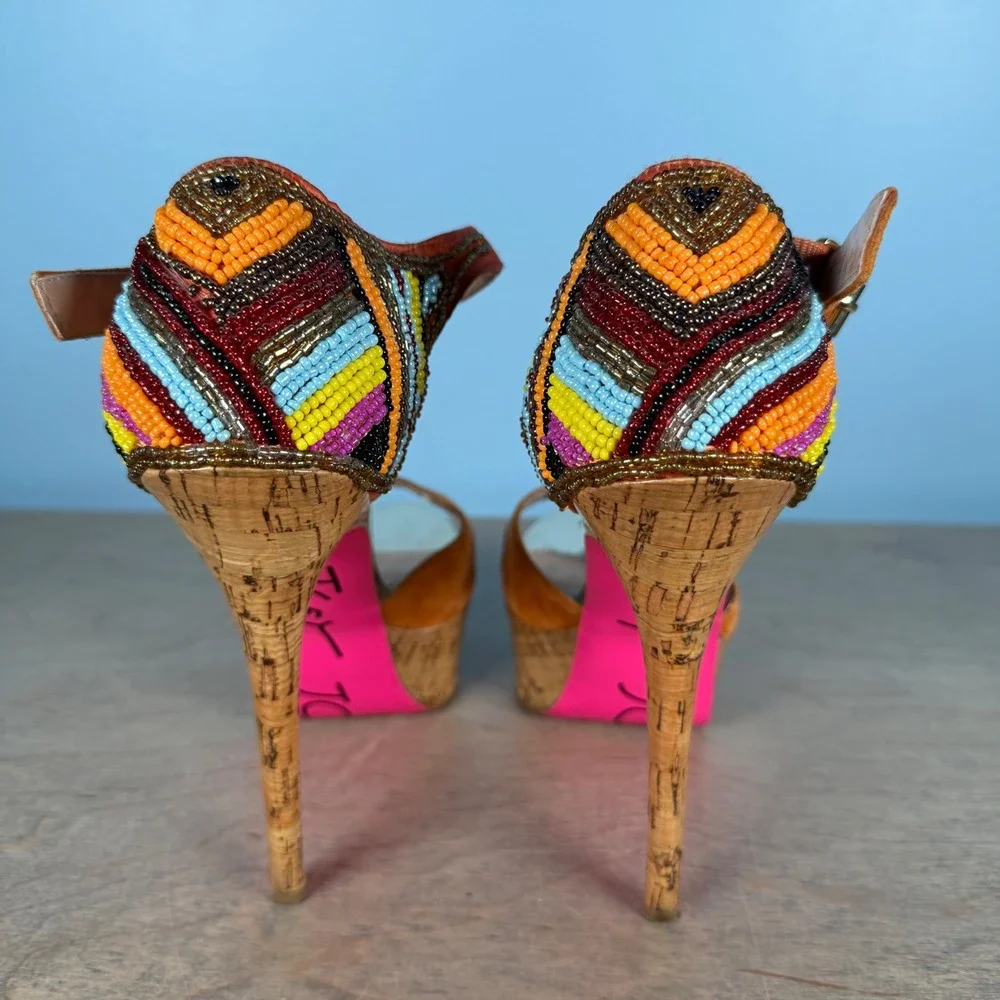 Betsey Johnson Isabell Platform Sandals Womens 7.5 Orange Suede Beaded Stiletto